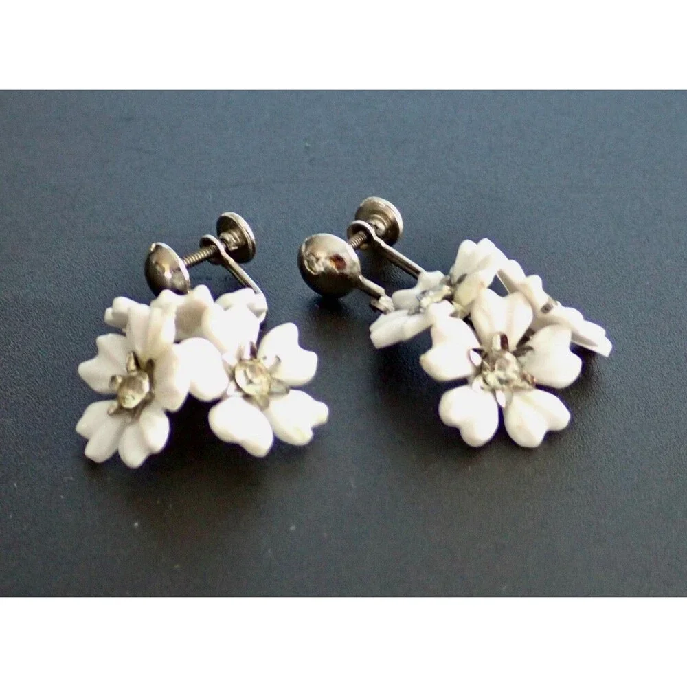 Forget Me Not Flower AB Rhinestone Silver Tone Screw Back Vintage Earrings MCM